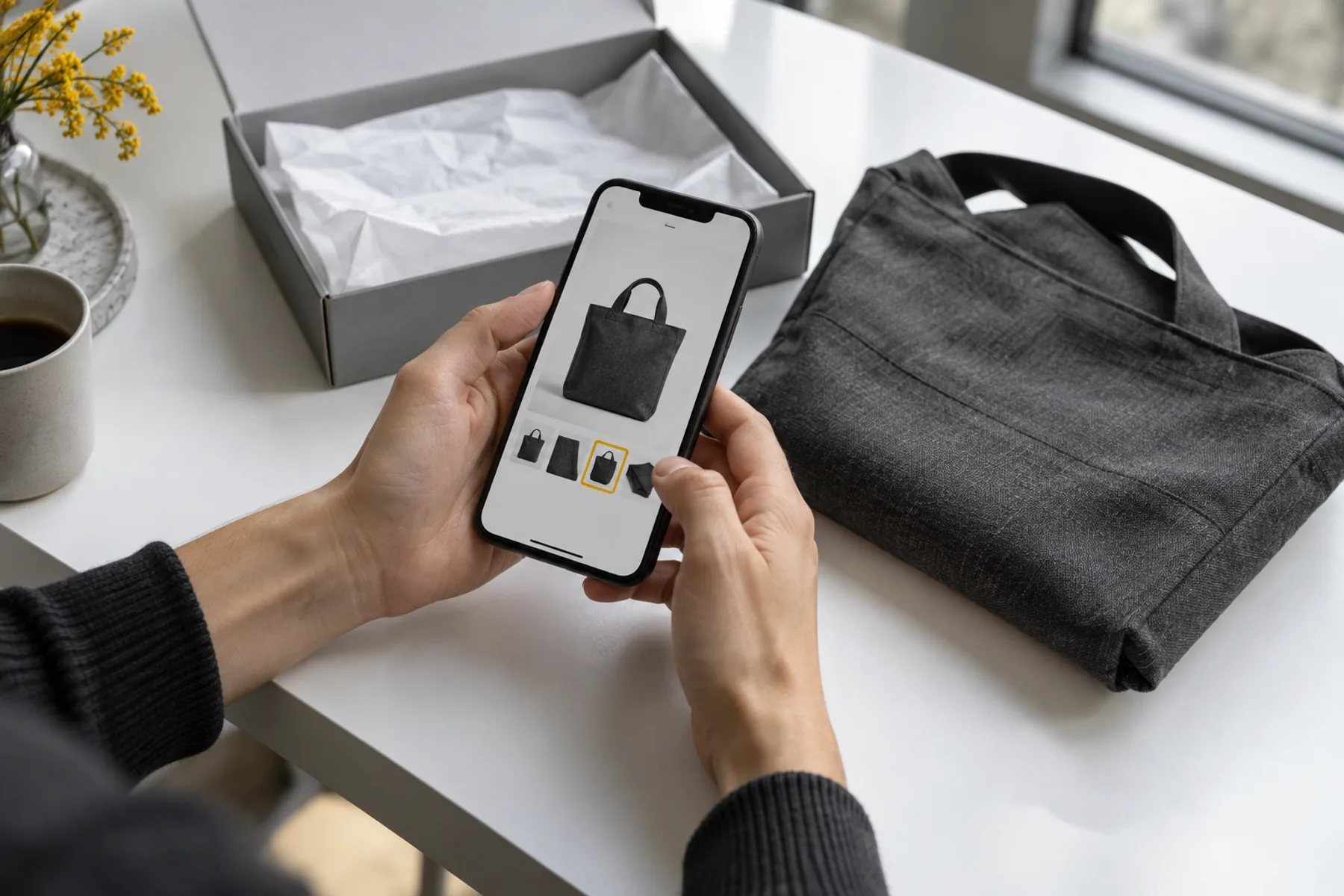 Hände betrachten ein Produkt auf dem Smartphone neben einem geöffneten Paket.