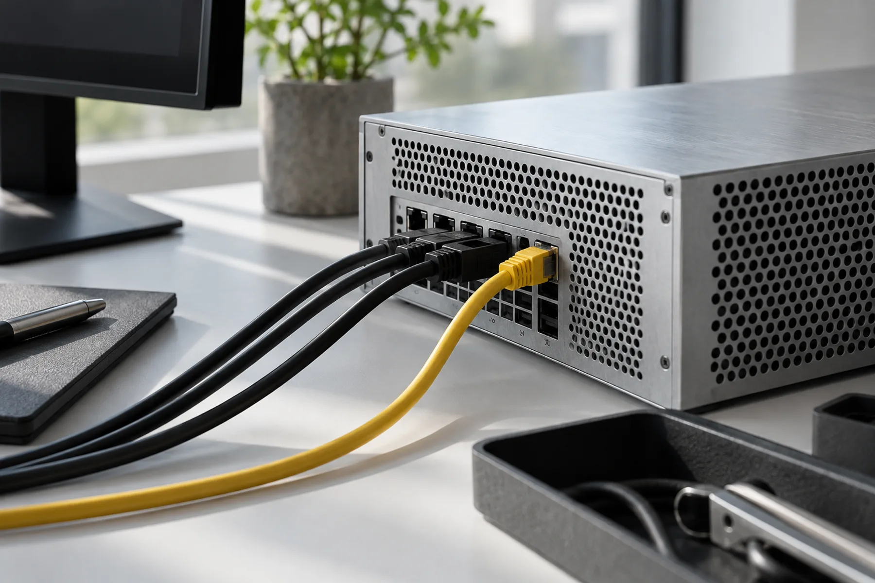 Detail einer technischen Arbeitsstation mit Metallgehäuse, Anschlüssen und gelbem Kabel.