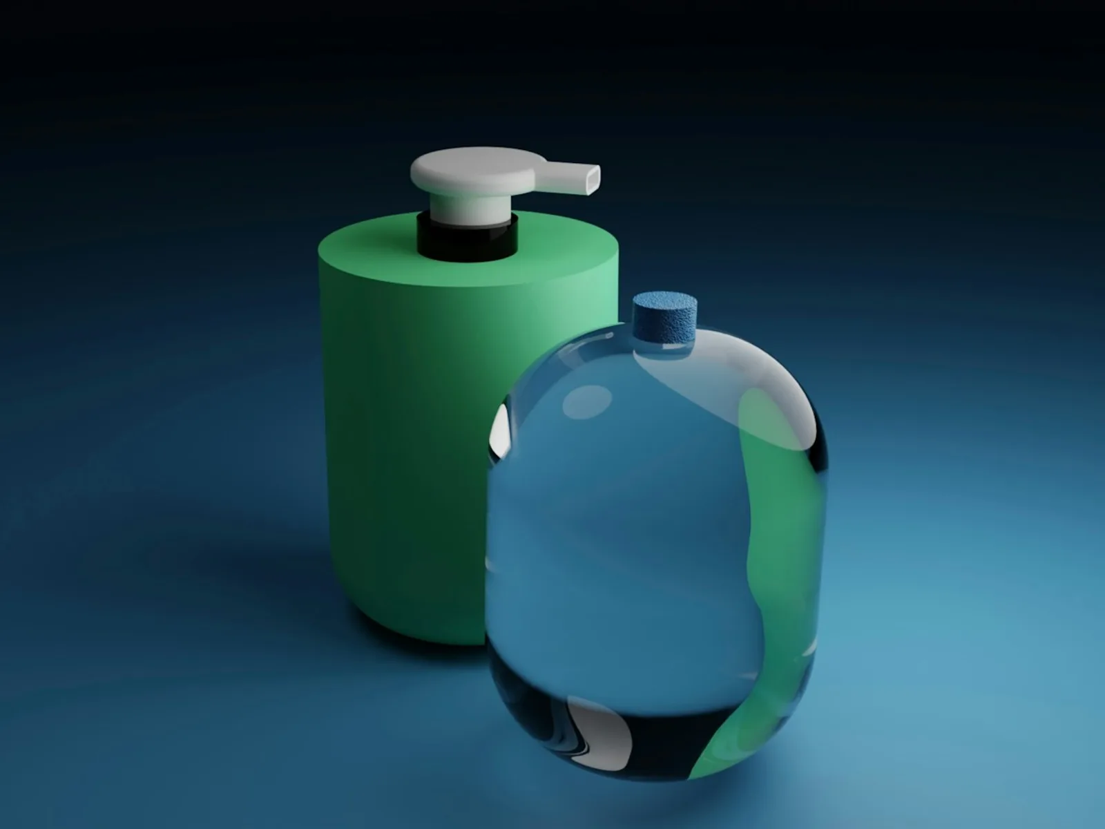 Two rendered product containers with different shapes, colours and materials.