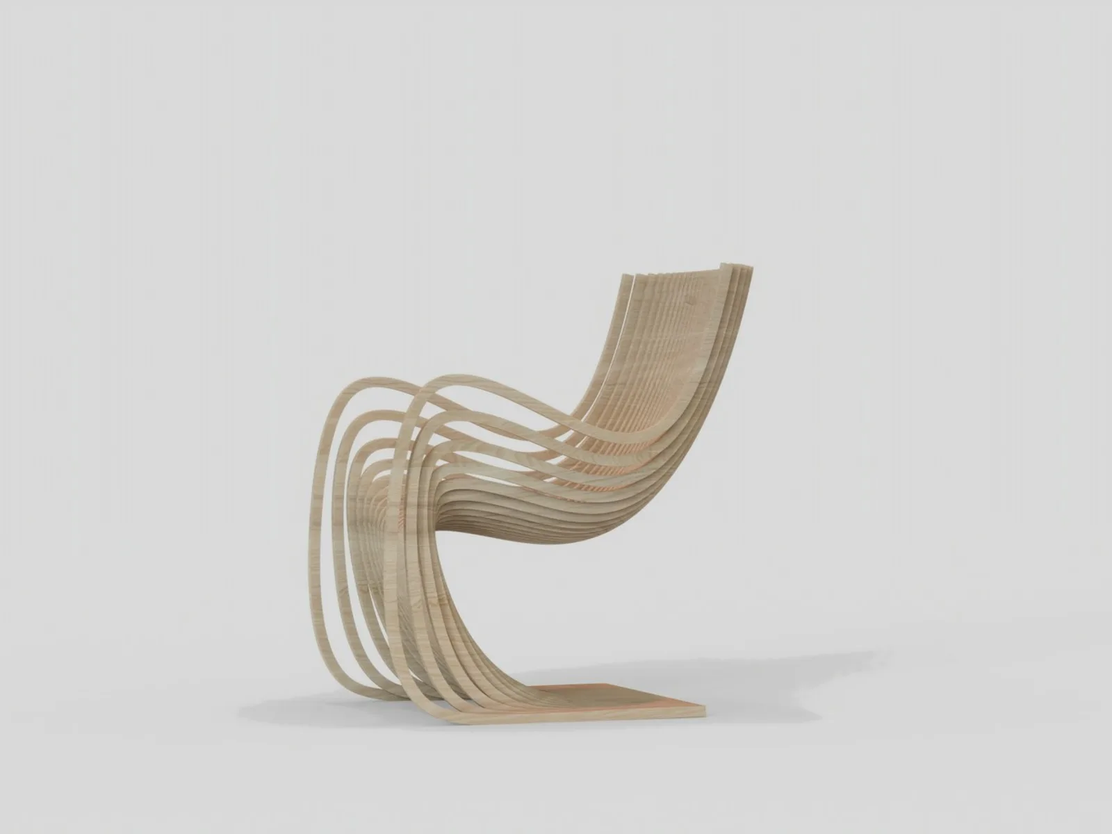 Digitally displayed chair with a structure of curved wooden strips.