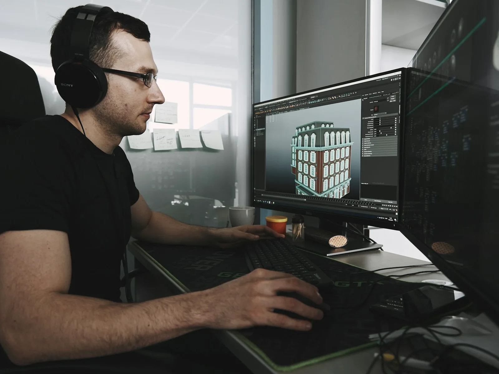 Eine Person bearbeitet ein räumliches Modell in einer 3D-Anwendung am Bildschirm.