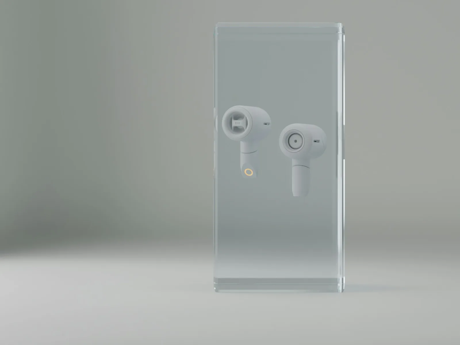 Drahtlose Kopfhörer in einem transparenten Gehäuse als gerenderte Produktdarstellung.