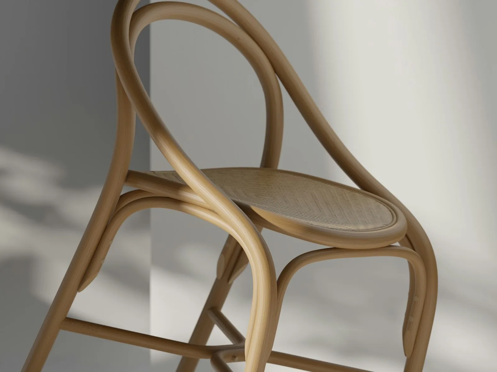 Gerenderter Holzstuhl mit sichtbaren Formen, Materialdetails und Lichtschatten.