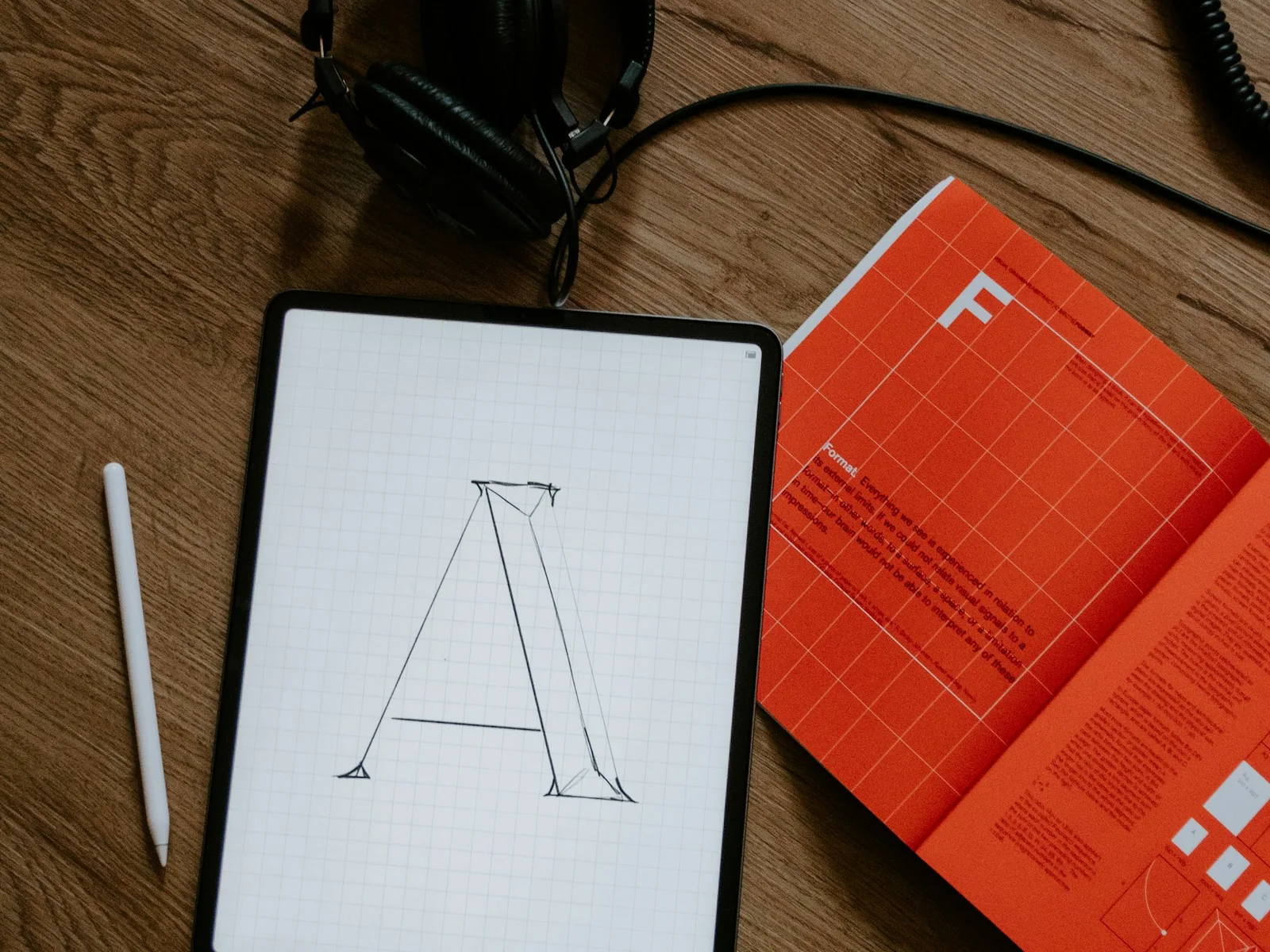 Tablet mit einer Buchstabenkonstruktion neben Stift und einem Typografiebuch.