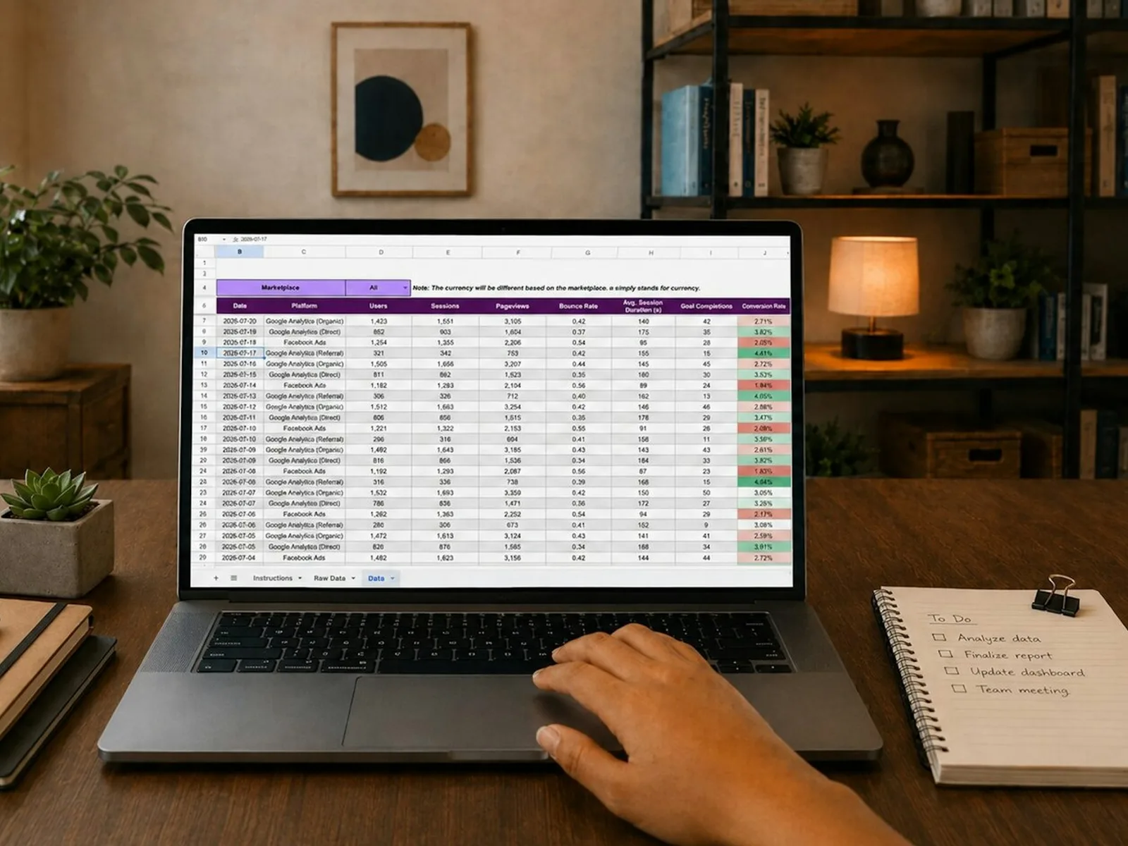Laptop zeigt eine Tabelle mit vielen Datensätzen und farbig markierten Spalten.