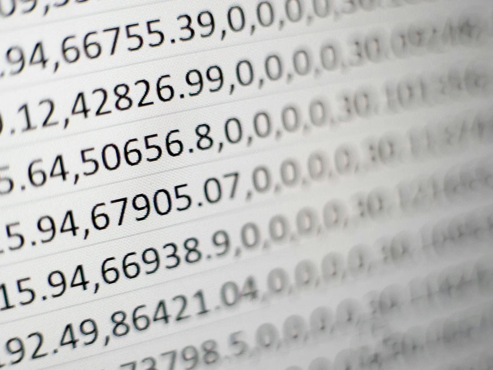 Nahaufnahme tabellarisch angeordneter Zahlen und durch Kommas getrennter Daten.