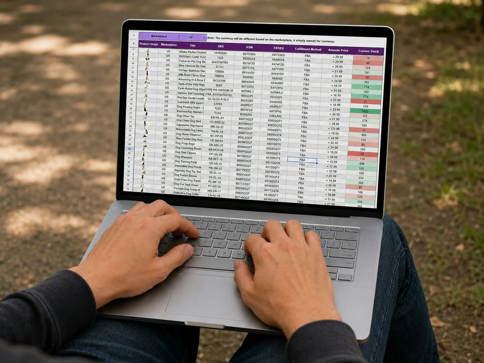 Hände bearbeiten eine umfangreiche Datentabelle auf einem Laptop im Freien.