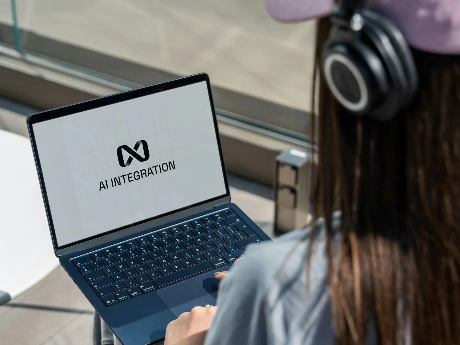 Laptop mit einer Darstellung zum Thema KI-Integration auf dem Bildschirm.