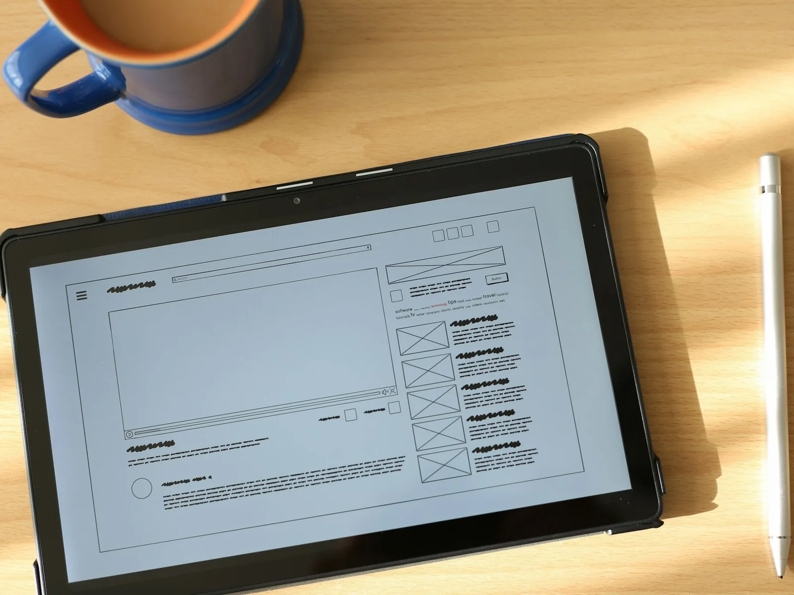 Tablet mit einem digitalen Wireframe und auswählbaren Oberflächenelementen.