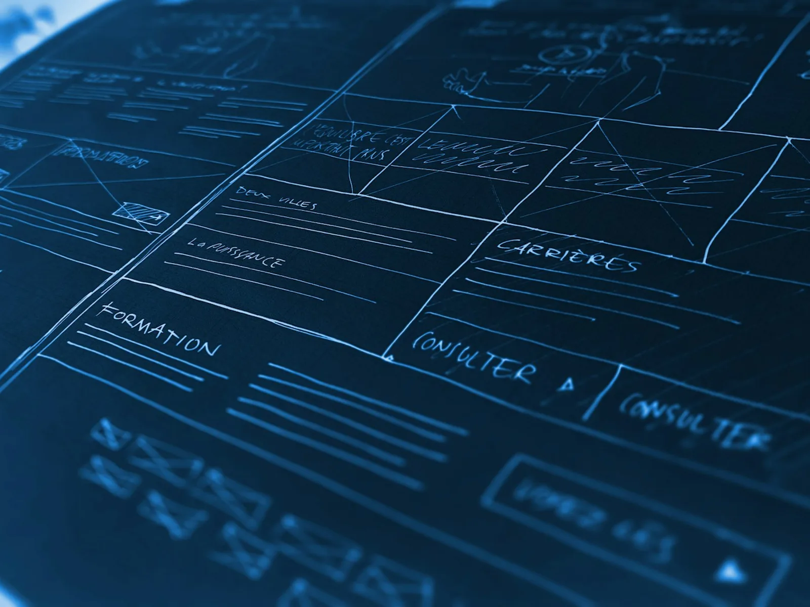 Mehrere handgezeichnete Website-Layouts auf einer dunklen Fläche.