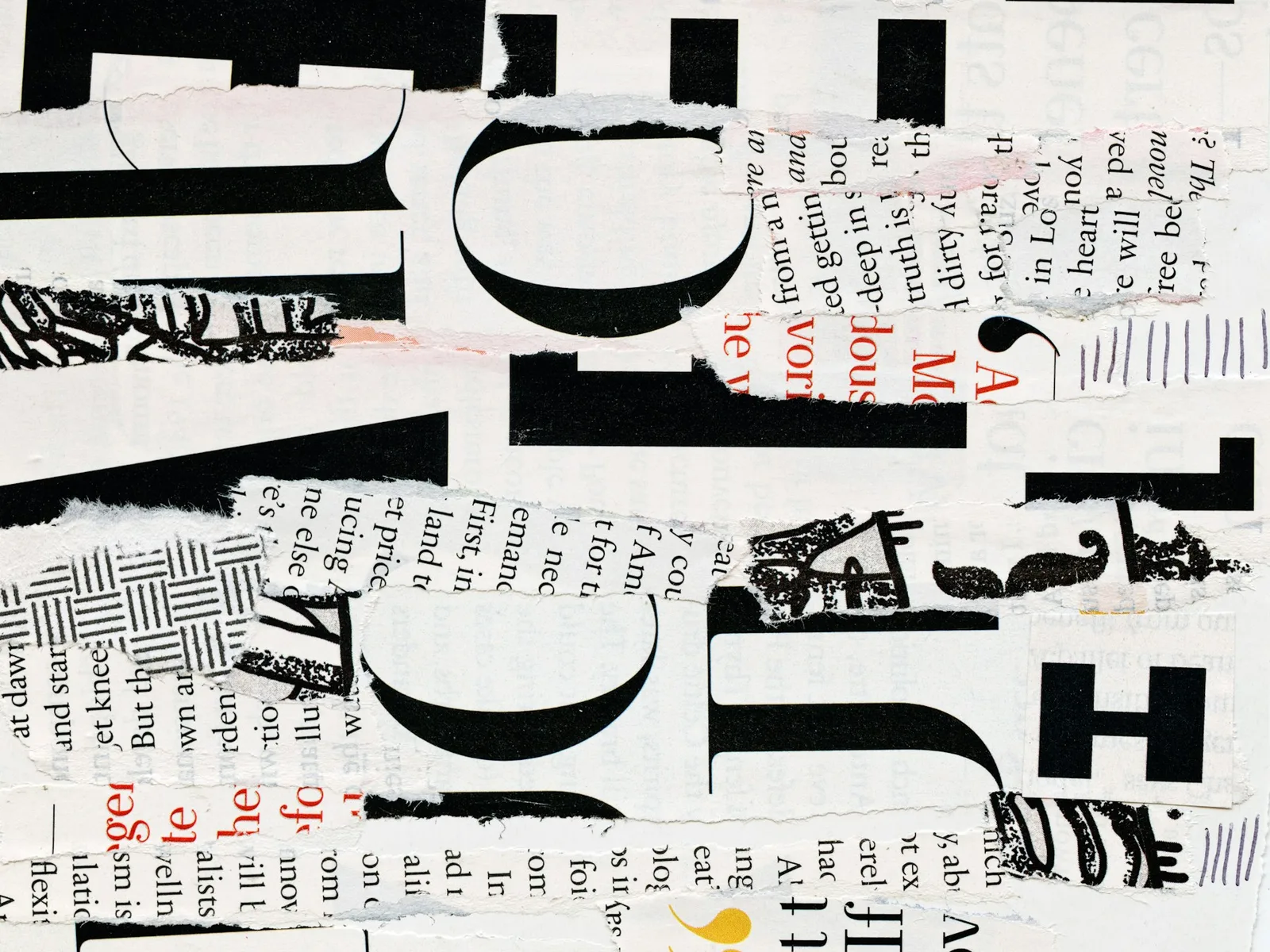 Schwarz-weiße Collage aus unterschiedlichen Schriftformen, Texten und Buchstaben.