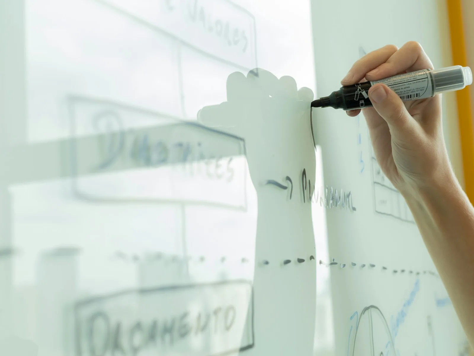 Hand zeichnet ein vernetztes Diagramm auf eine durchsichtige Tafel.