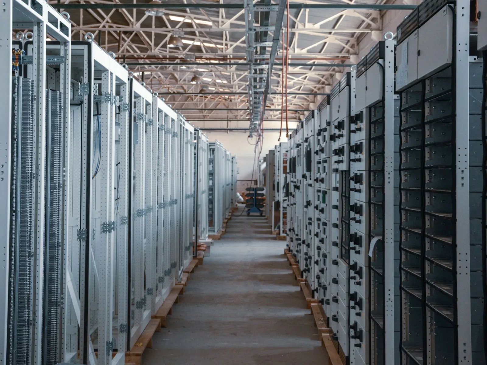 Gang zwischen technischen Serveranlagen und geordneten Verbindungen.