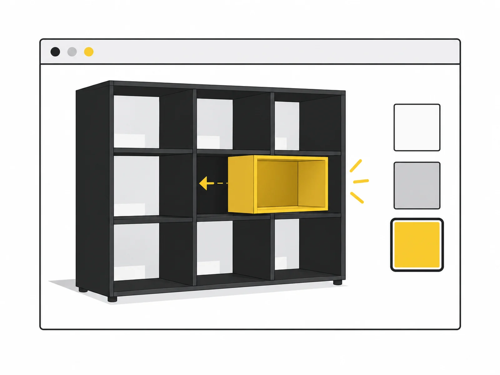 A shelf with selectable materials and a module insert highlighted in yellow.