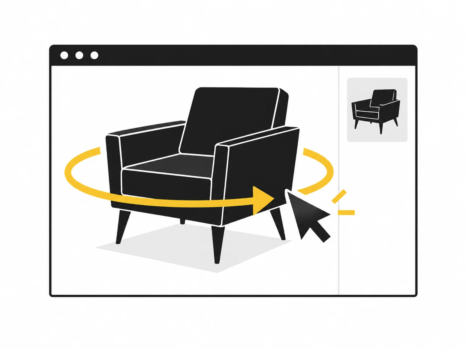 Ein Stuhl in einem Browserfenster lässt sich mit einer Drehbewegung von allen Seiten betrachten.