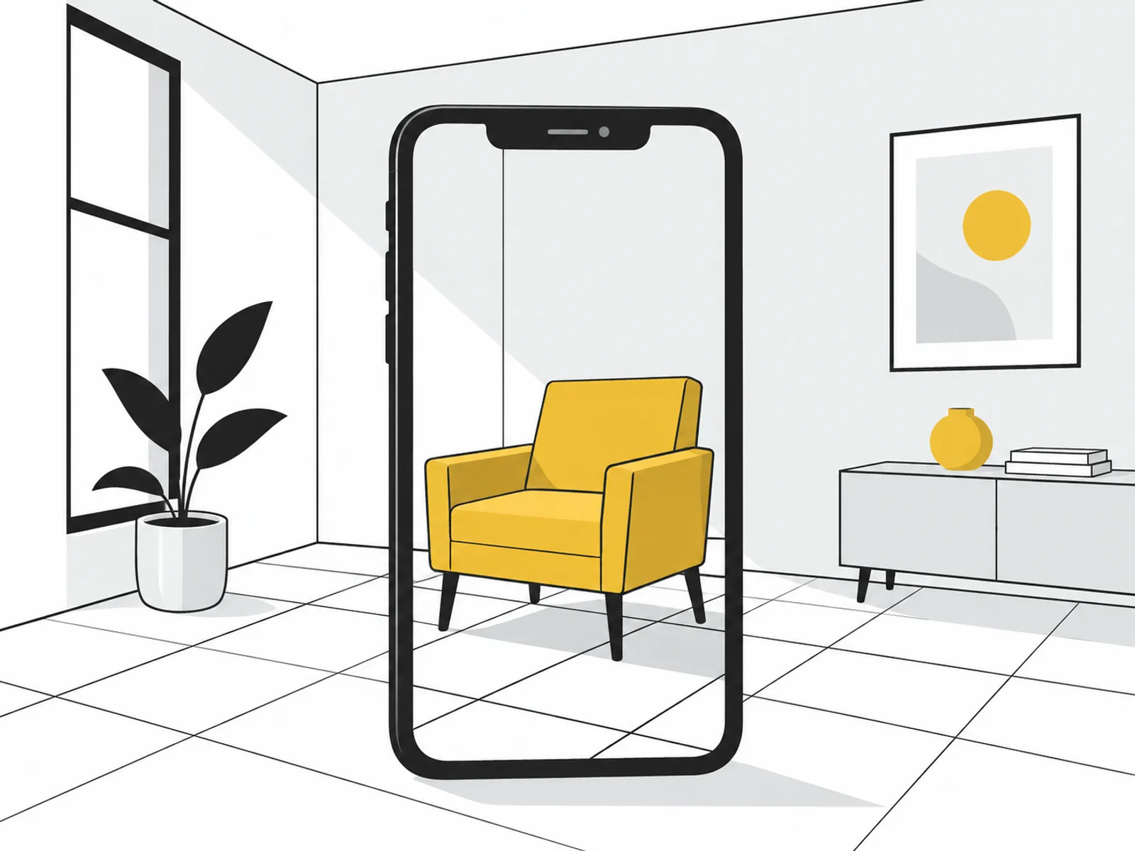 Eine Produktvorschau auf dem Smartphone platziert einen Sessel im eigenen Raum.