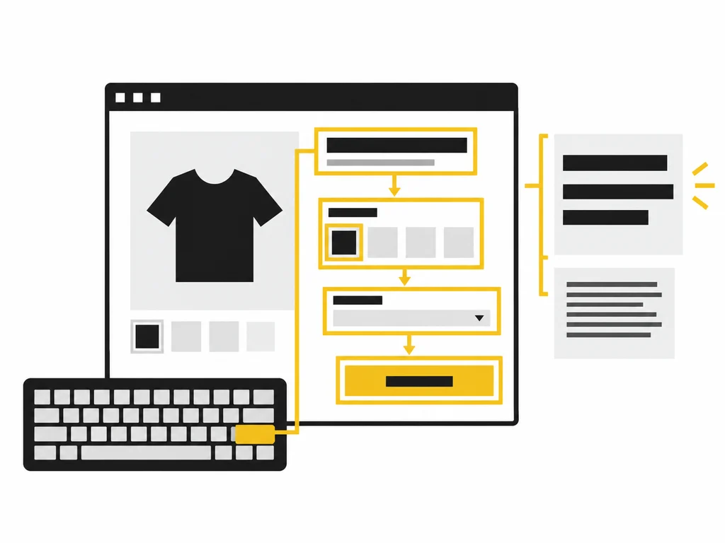 A keyboard leads through yellow-highlighted selectors to an operable product action.
