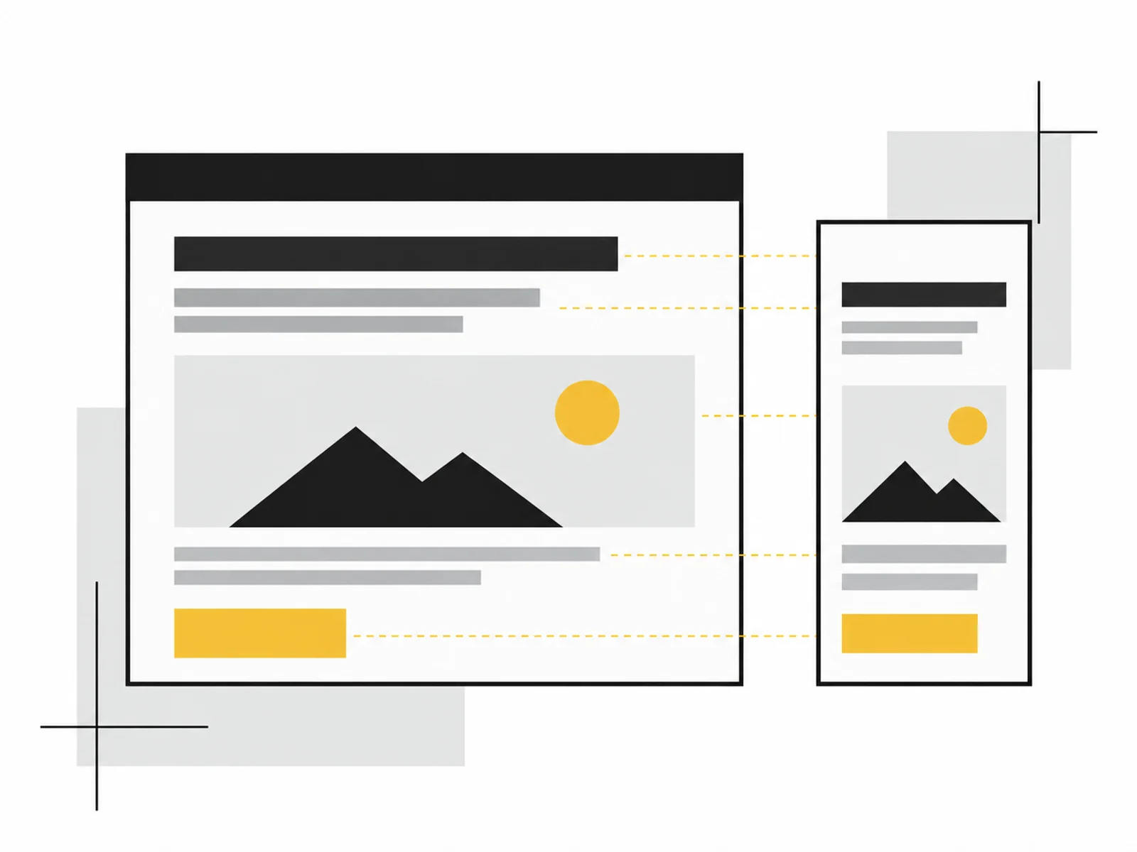Eine geordnete Website-Oberfläche wird auf Desktop und Mobil gegenübergestellt.